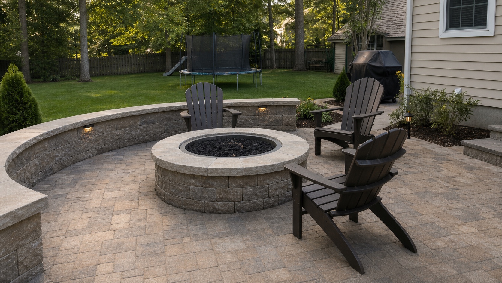 Backyard fire pit patio with seating and pavers