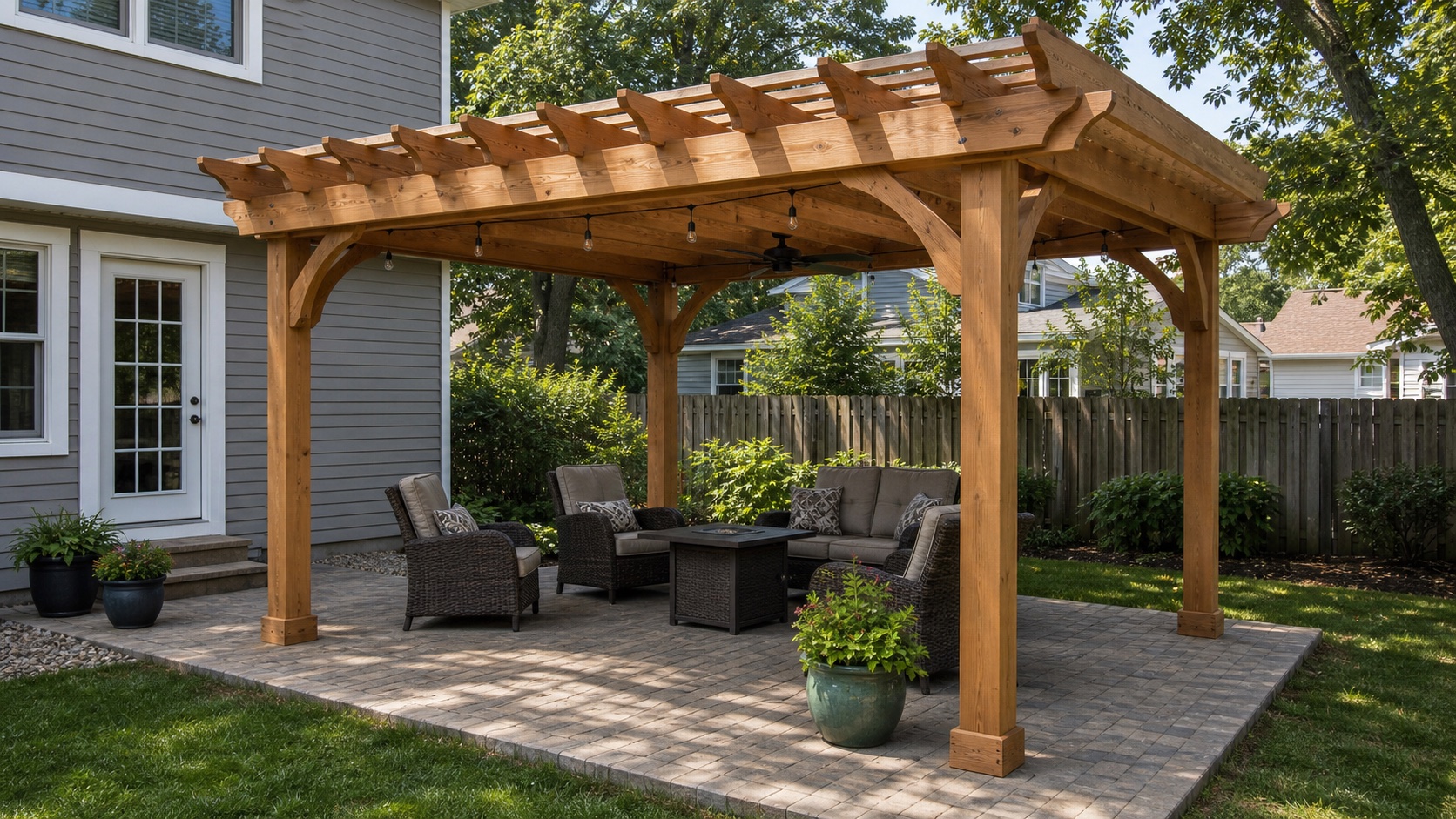 Backyard paver patio with pergola and seating