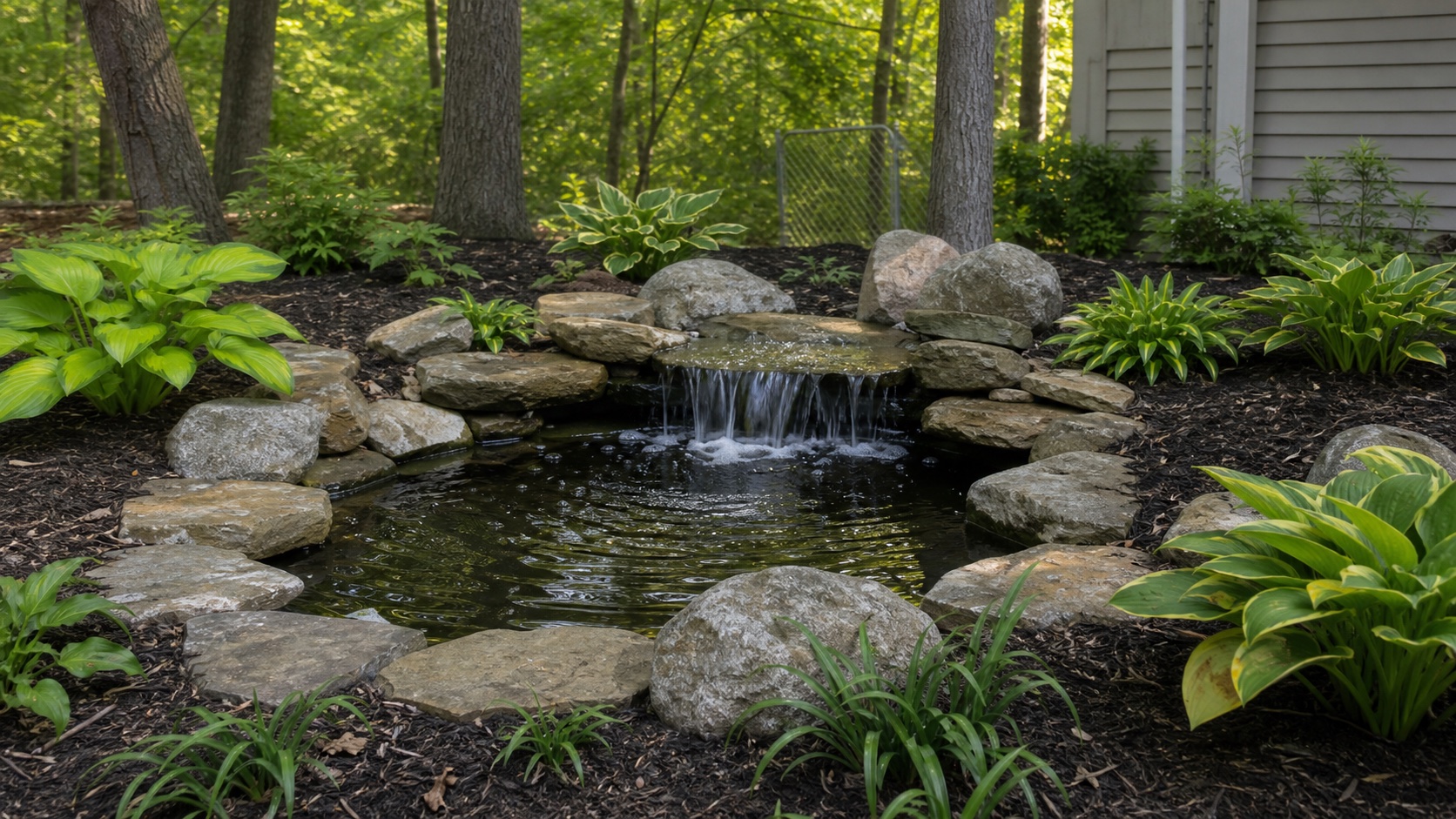 Backyard pond with stone edging and planting