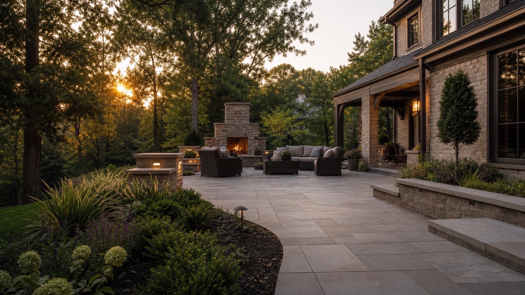 Finished stone patio with outdoor fireplace and planting