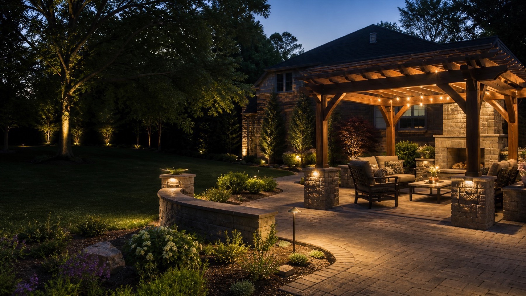 Backyard pergola patio with warm lighting and seating