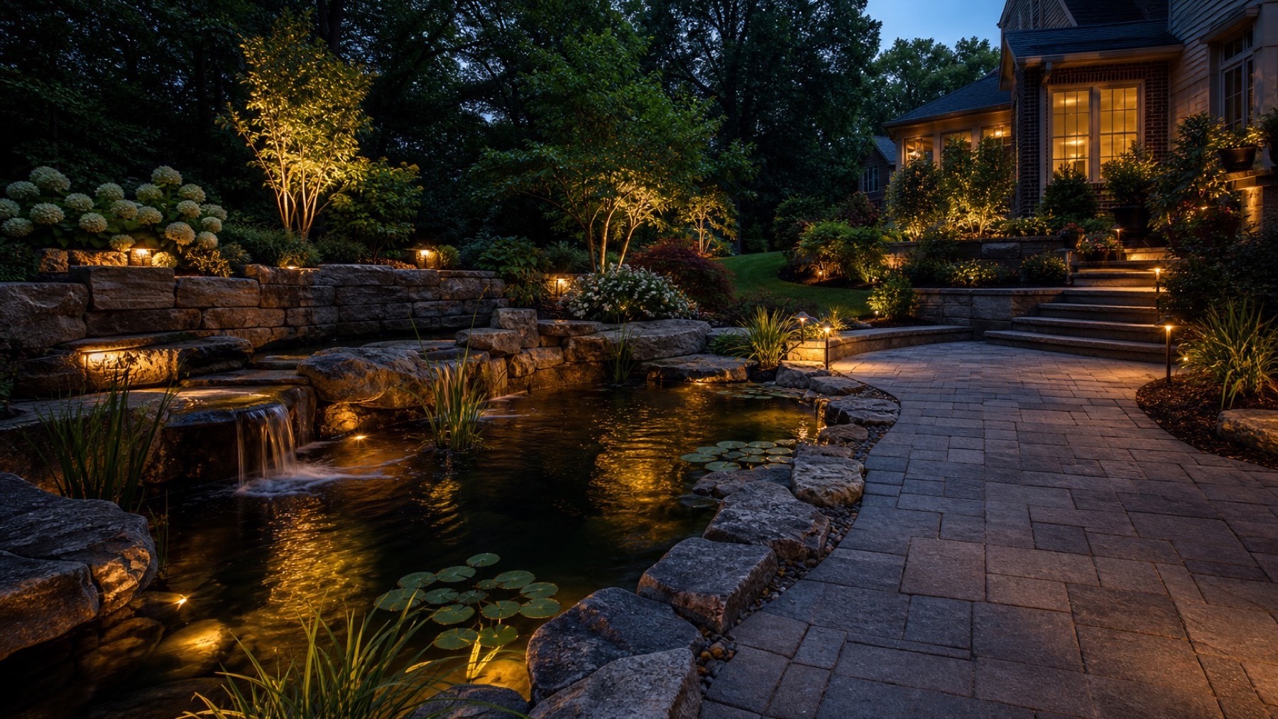 Evening pond, patio, and landscape lighting around a Cincinnati home